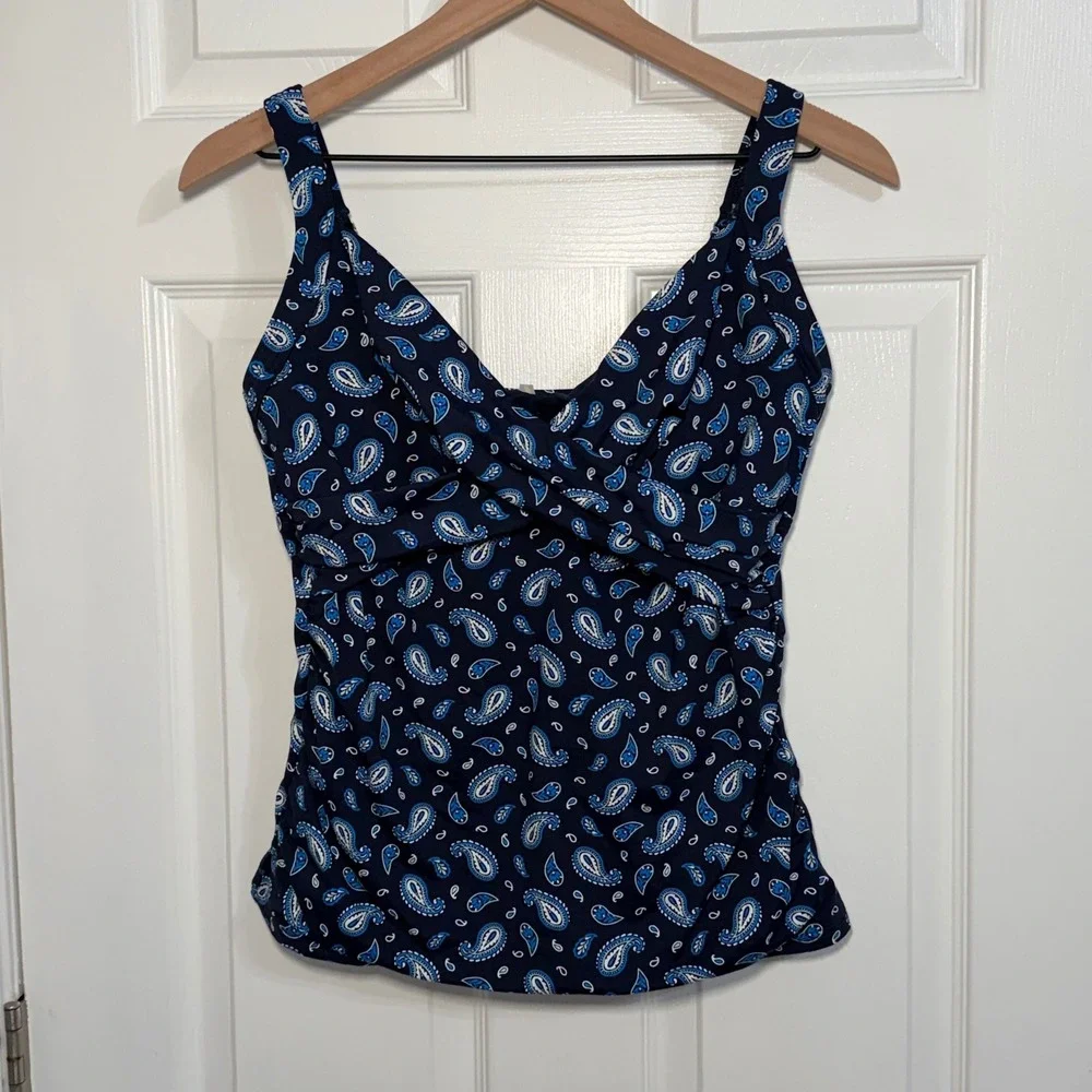 Lands End Navy Paisley Twist Front Underwire Tankini Top 10P Petite